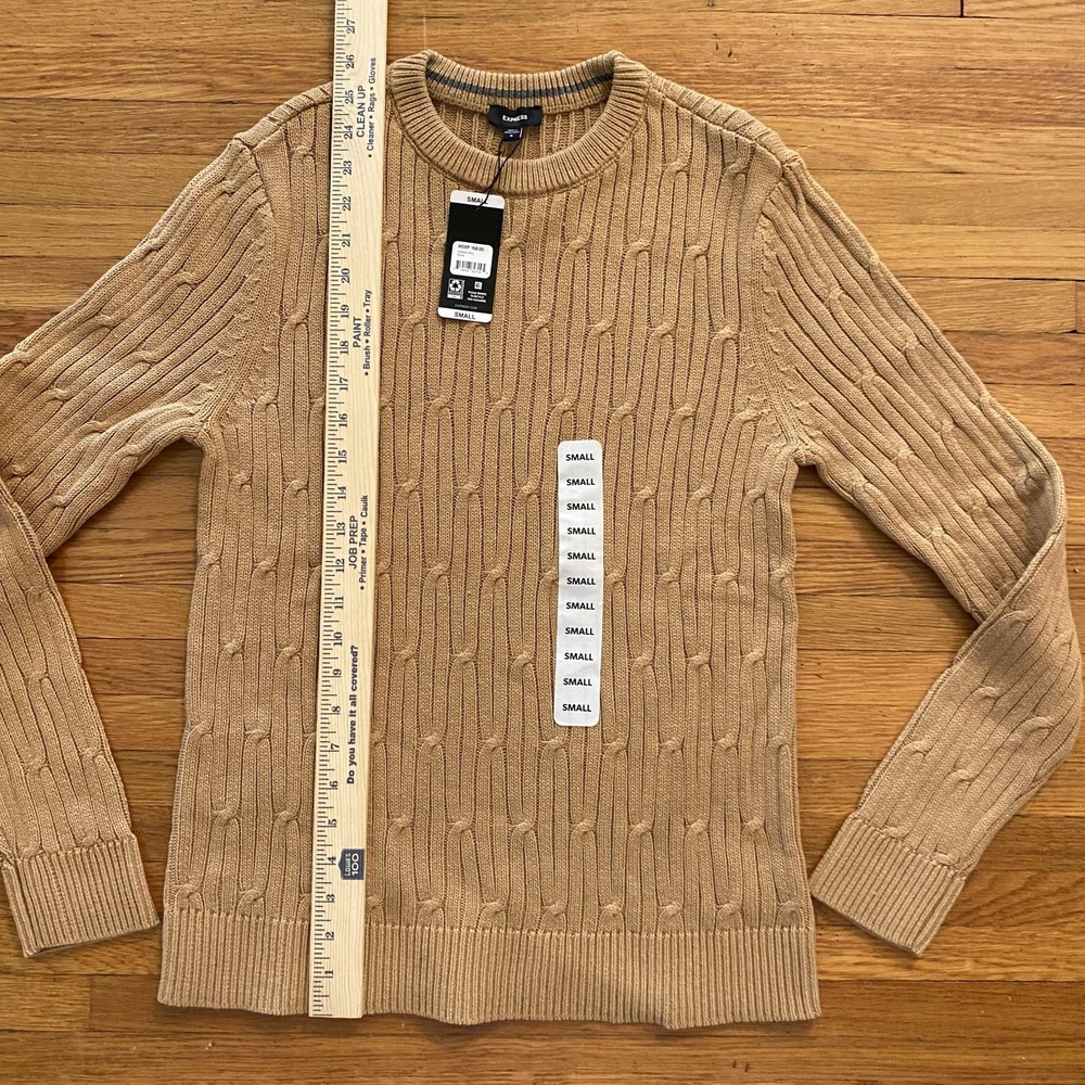 Express Cable Knit Sweater Mens Small Pecan Tan Crewneck Pullover NWT - Picture 7 of 11